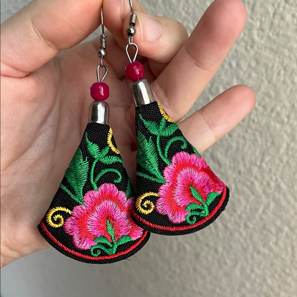 Floral Embroidered Earrings - Pink and Green